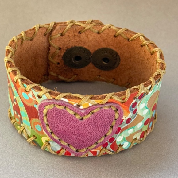 HANDMADE ARTISAN Bracelet Heart Painted Colorful Leather Adjustable Bohemian - Picture 6 of 9